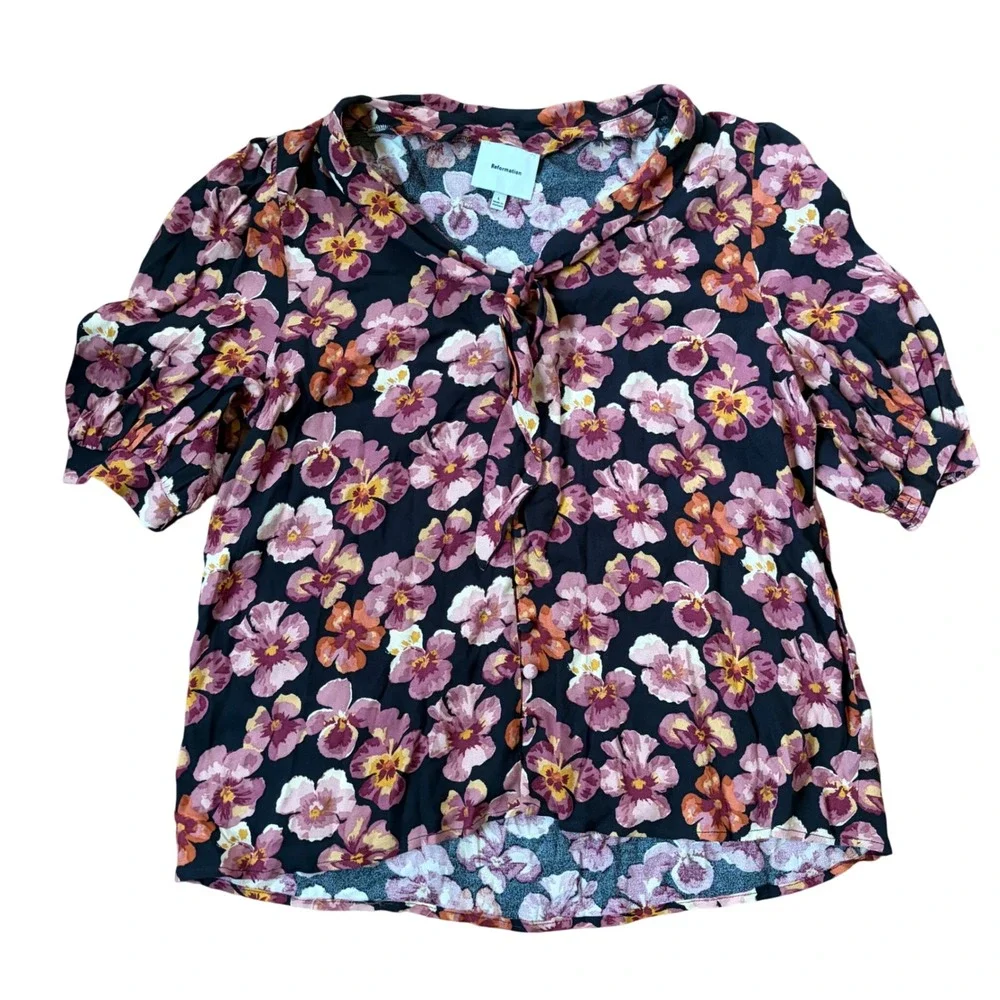 Reformation Joelle Floral Tie Neck Blouse Pansy Romantic Short Sleeve Large Boho